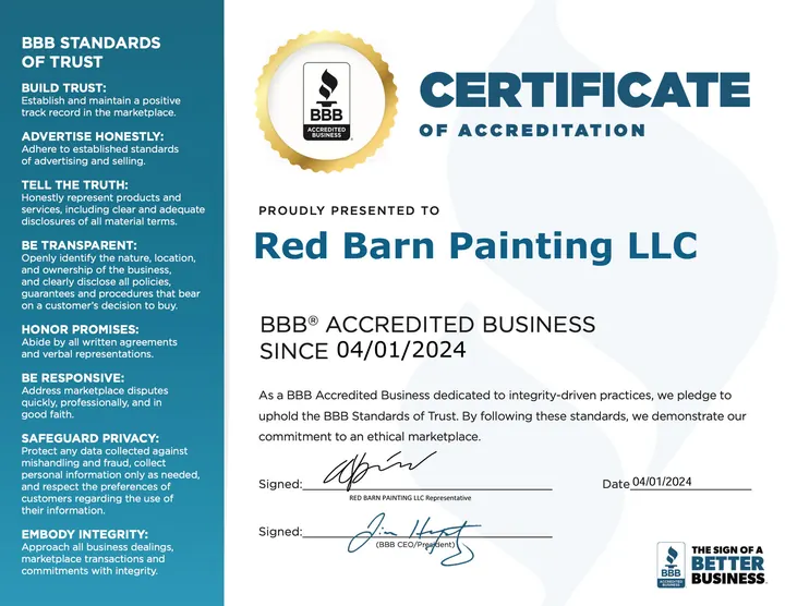 BBB Certificate of Accreditation for Red Barn Painting LLC